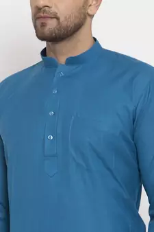 Men Blue Cotton Solid Straight Kurta