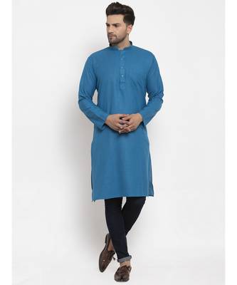 Men Blue Cotton Solid Straight Kurta 4