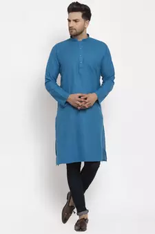 Men Blue Cotton Solid Straight Kurta