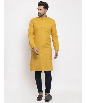 Men Mustard Cotton Solid Straight Kurta 3