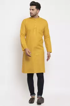 Men Mustard Cotton Solid Straight Kurta