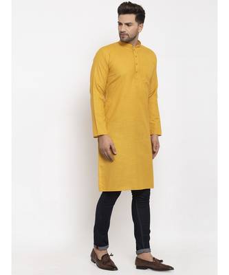 Men Mustard Cotton Solid Straight Kurta 1