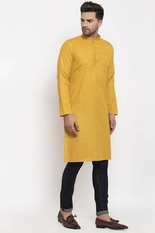Men Mustard Cotton Solid Straight Kurta