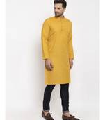 Men Mustard Cotton Solid Straight Kurta