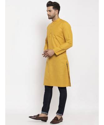 Men Mustard Cotton Solid Straight Kurta 4