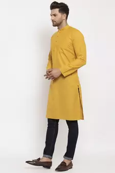 Men Mustard Cotton Solid Straight Kurta