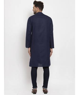 Men Navy Blue Cotton Solid Straight Kurta 2