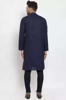 Men Navy Blue Cotton Solid Straight Kurta