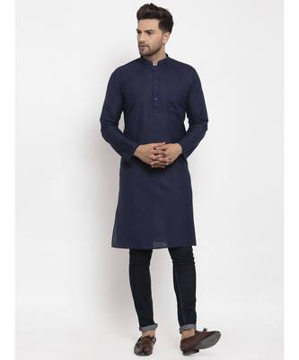 Men Navy Blue Cotton Solid Straight Kurta 4
