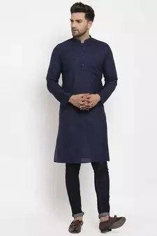 Men Navy Blue Cotton Solid Straight Kurta