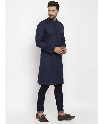 Men Navy Blue Cotton Solid Straight Kurta 1