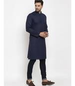 Men Navy Blue Cotton Solid Straight Kurta