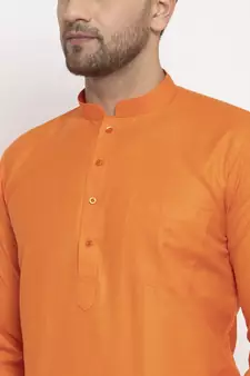 Men Orange Cotton Solid Straight Kurta