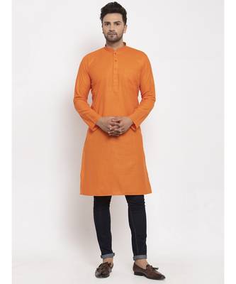 Men Orange Cotton Solid Straight Kurta 3