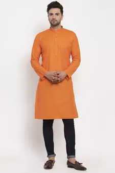 Men Orange Cotton Solid Straight Kurta