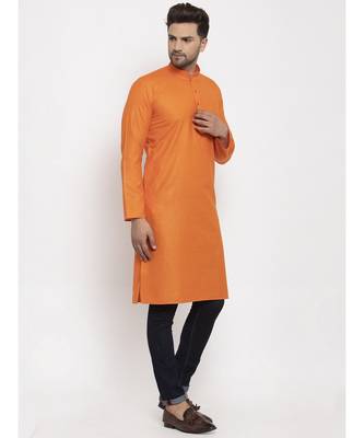 Men Orange Cotton Solid Straight Kurta 4