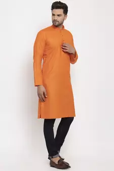 Men Orange Cotton Solid Straight Kurta