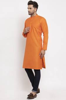 Men Orange Cotton Solid Straight Kurta