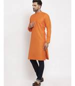 Men Orange Cotton Solid Straight Kurta