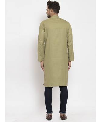 Men Green Cotton Solid Straight Kurta 2