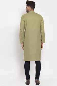 Men Green Cotton Solid Straight Kurta