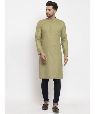 Men Green Cotton Solid Straight Kurta 4