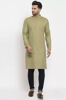 Men Green Cotton Solid Straight Kurta