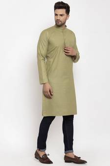 Men Green Cotton Solid Straight Kurta
