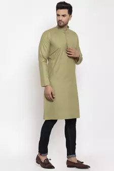 Men Green Cotton Solid Straight Kurta
