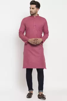 Men Coral Cotton Solid Straight Kurta