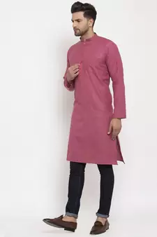 Men Coral Cotton Solid Straight Kurta