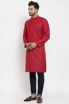 Men Red Cotton Solid Straight Kurta