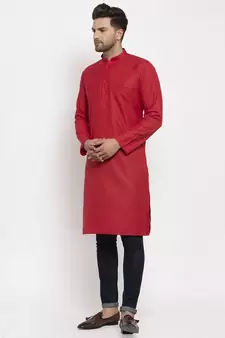 Men Red Cotton Solid Straight Kurta