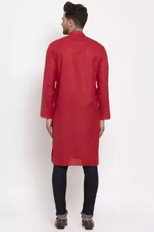 Men Red Cotton Solid Straight Kurta
