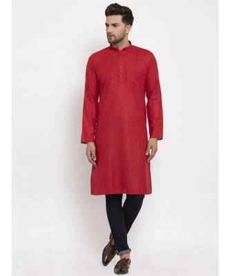 Men Red Cotton Solid Straight Kurta 4