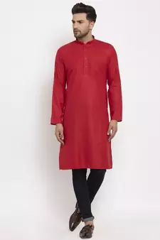 Men Red Cotton Solid Straight Kurta