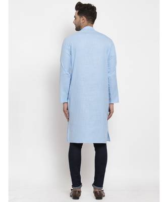 Men Turquoise Blue Cotton Solid Straight Kurta 1