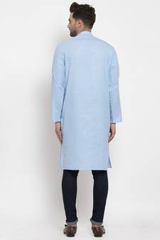 Men Turquoise Blue Cotton Solid Straight Kurta