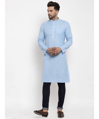 Men Turquoise Blue Cotton Solid Straight Kurta 2