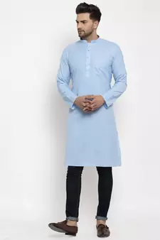 Men Turquoise Blue Cotton Solid Straight Kurta