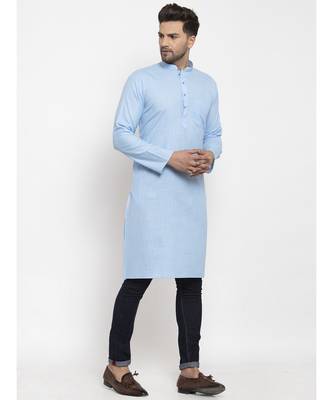 Men Turquoise Blue Cotton Solid Straight Kurta 3