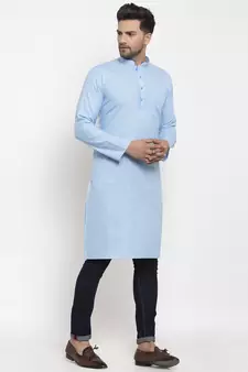 Men Turquoise Blue Cotton Solid Straight Kurta