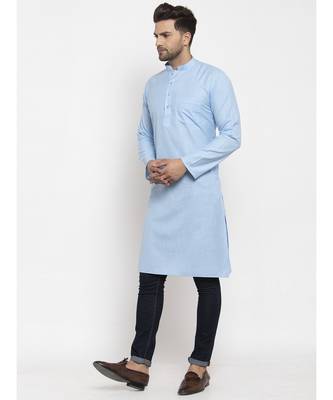 Men Turquoise Blue Cotton Solid Straight Kurta 4