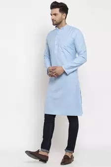 Men Turquoise Blue Cotton Solid Straight Kurta