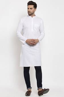 Men White Cotton Solid Straight Kurta