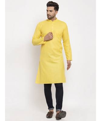 Men Yellow Cotton Solid Straight Kurta 1