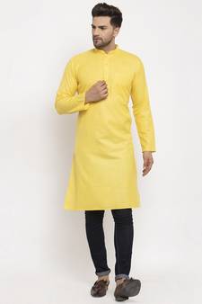 Men Yellow Cotton Solid Straight Kurta