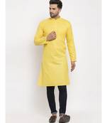 Men Yellow Cotton Solid Straight Kurta