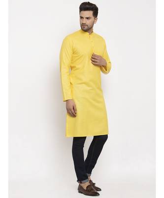Men Yellow Cotton Solid Straight Kurta 2