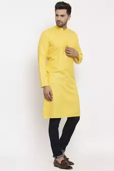 Men Yellow Cotton Solid Straight Kurta